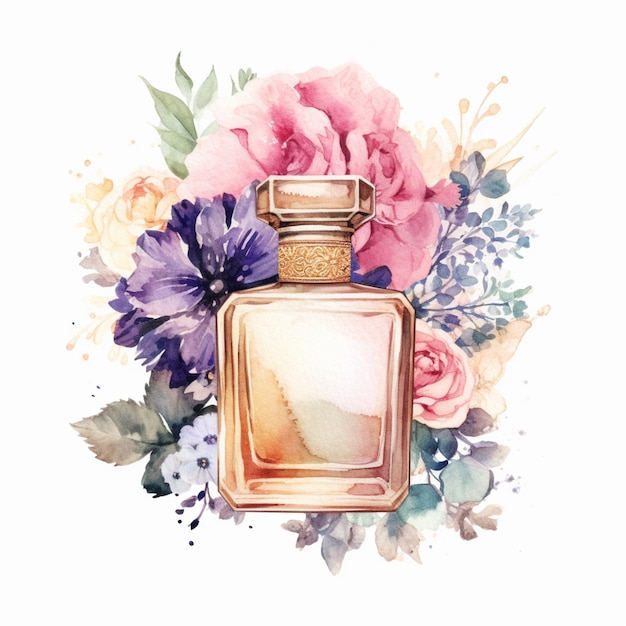 Il y a une bouteille de parfum avec des fleurs dessus ai générative