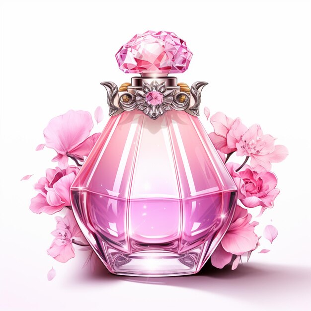 Photo il y a une bouteille de parfum rose avec une fleur rose dessus.