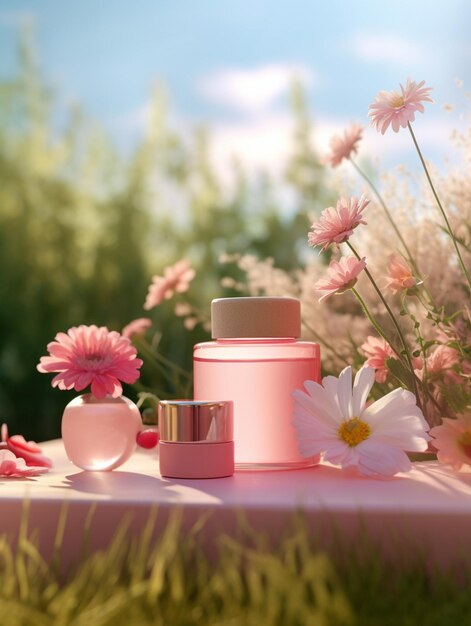 il y a une bouteille de parfum rose et un vase rose sur une table ai générative