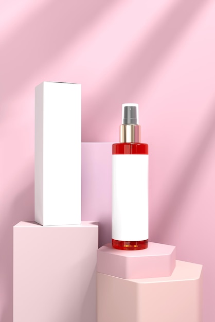 Il y a une bouteille de pulvérisation à côté d'une boîte tous deux placés sur un mockup 3D de fond rose