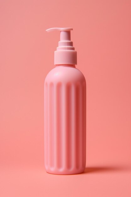 Il y a une bouteille rose avec une pompe sur une surface rose générative ai