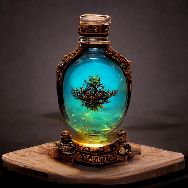 Il y a une bouteille de verre avec un arbre à l'intérieur.