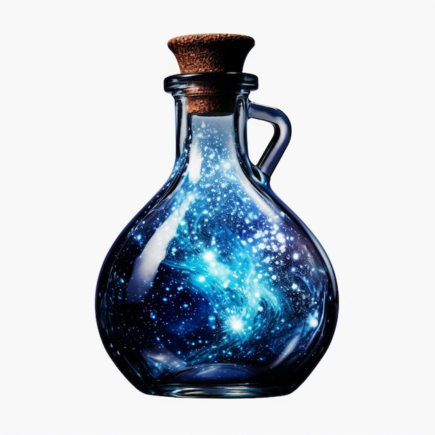 Il y a une bouteille de verre avec une galaxie bleue à l'intérieur.