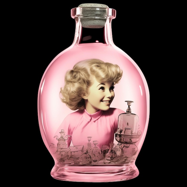 Il y a une bouteille de verre rose avec une photo d'une femme à l'intérieur.