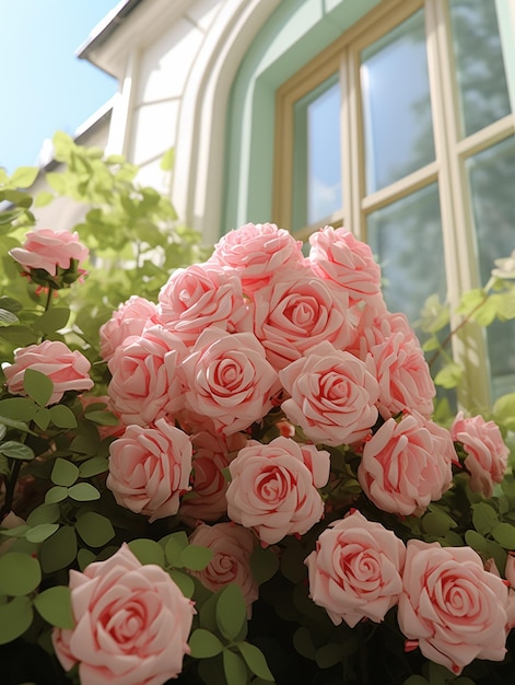 il y a un buisson de roses roses devant une fenêtre ai générative