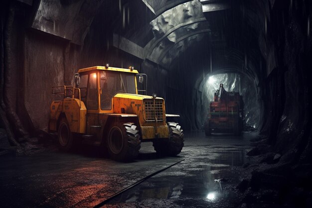 il y a un bulldozer jaune qui est garé dans un tunnel ai génératif