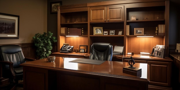 Il y a un bureau avec une chaise et une lampe dans le coin.