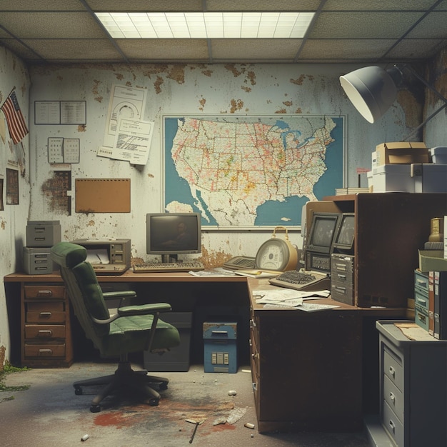 Photo il y a un bureau avec une chaise et un moniteur d'ordinateur dans une pièce générative ai