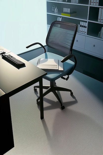 Il y a un bureau d'ordinateur avec une chaise et un moniteur d'ordinateurs.