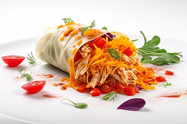 Il y a un burrito avec du fromage haché et des tomates sur une assiette générative ai