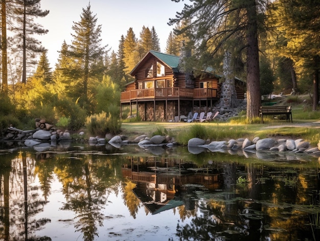 Il y a une cabane avec un porche et une terrasse surplombant un lac.