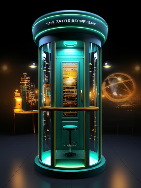 il y a une cabine téléphonique verte avec une ville en arrière-plan IA générative