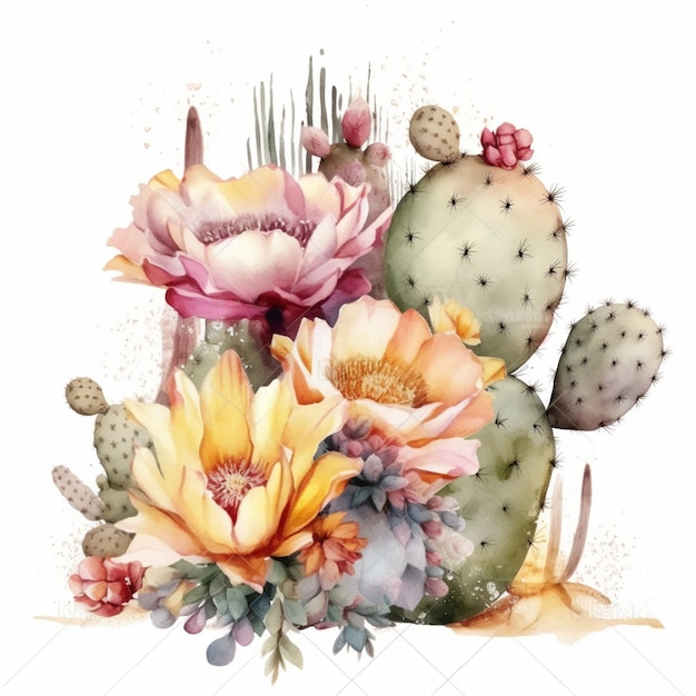 il y a un cactus avec des fleurs et une plante de cactus dessus ai générative