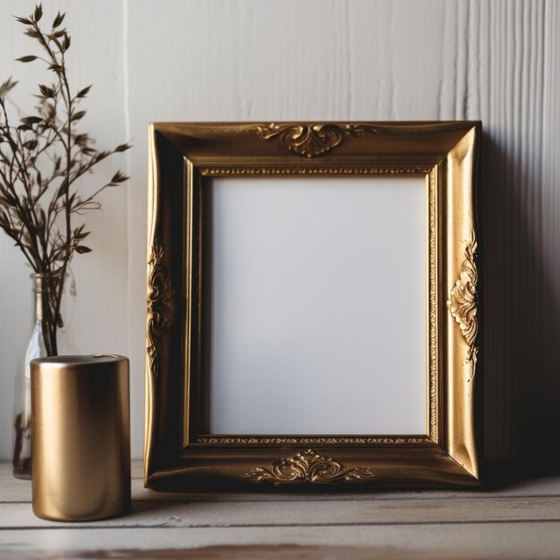 il y a un cadre photo et un vase sur une table ai générative