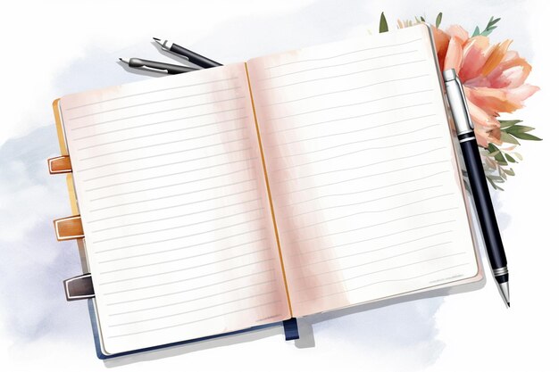 Photo il y a un cahier ouvert avec un stylo et une fleur dessus ai générative