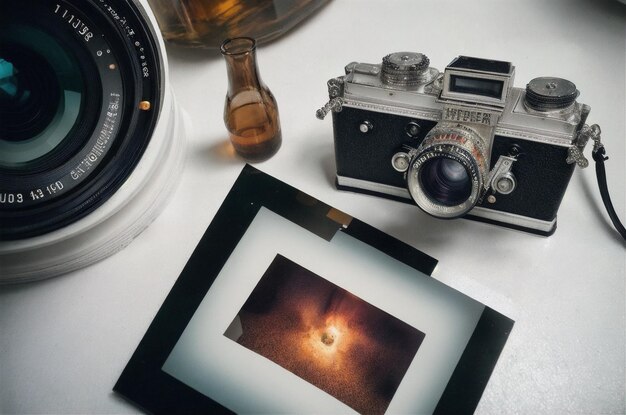 Il y a une caméra et une photo sur une table avec un verre.