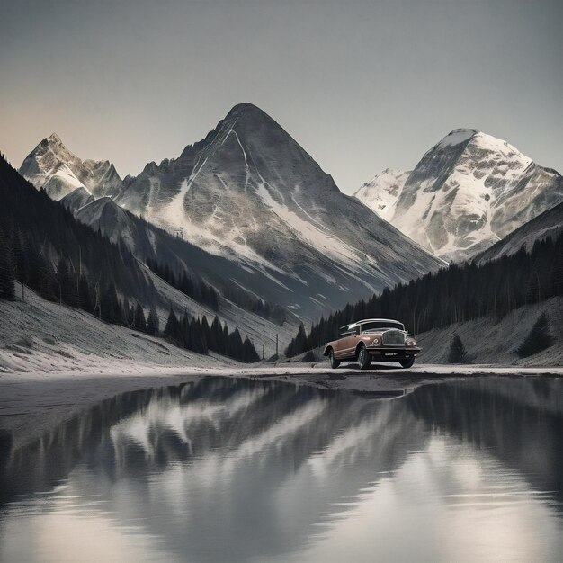 il y a un camion qui est garé devant une montagne