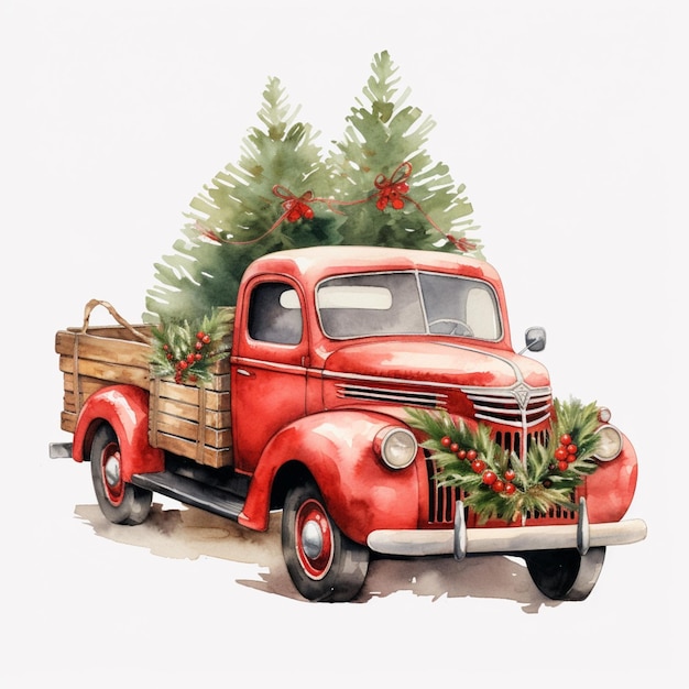 Il y a un camion rouge avec un arbre de Noël à l'arrière.