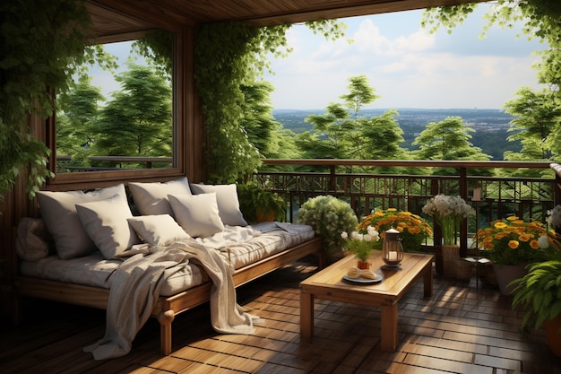 il y a un canapé et une table sur une terrasse en bois avec une vue générative ai