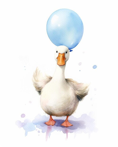 Il y a un canard avec un ballon bleu sur la tête.