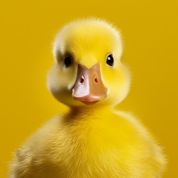 Il y a un canard jaune avec un bec rose sur un fond jaune.