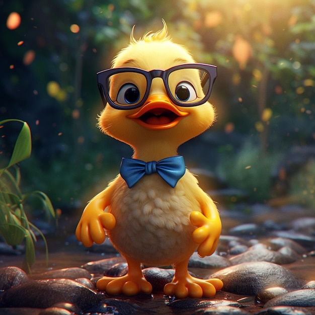 Il y a un canard jaune portant des lunettes et un nœud papillon AI Generative