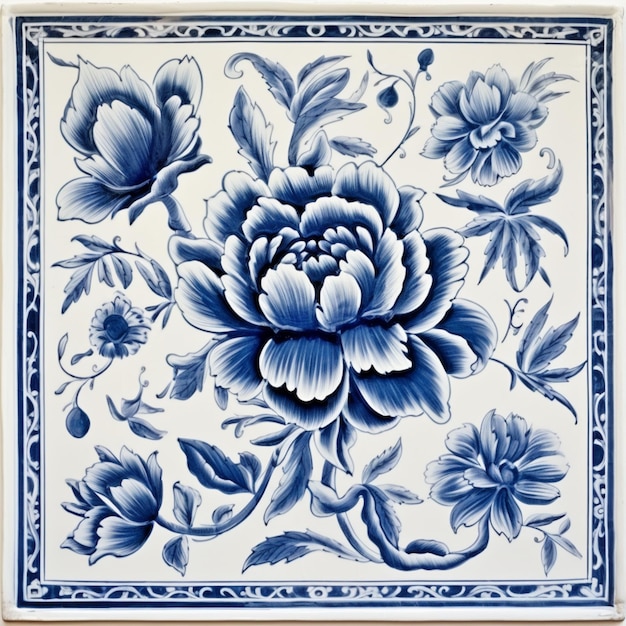 Il y a un carreau bleu et blanc avec un design floral ai génératif