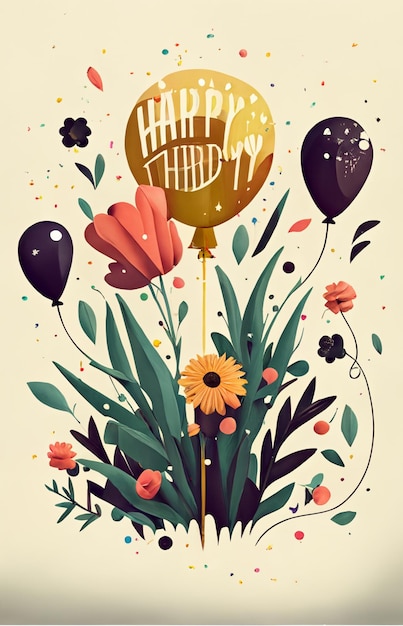 Il y a une carte de joyeux anniversaire avec un bouquet de fleurs et de ballons générative ai