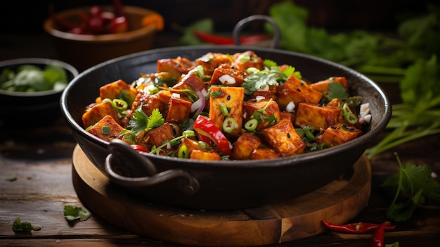 il y a une casserole de nourriture avec des légumes et des herbes sur une table en bois ai générative