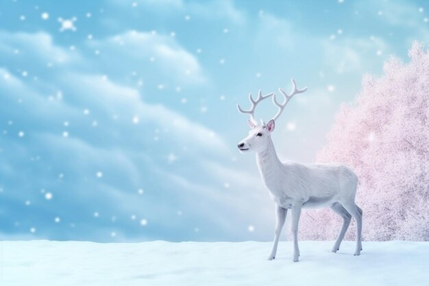 Il y a un cerf blanc debout dans la neige avec des arbres en arrière-plan