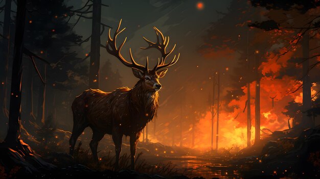 Il y a un cerf dans les bois avec du feu en arrière-plan.