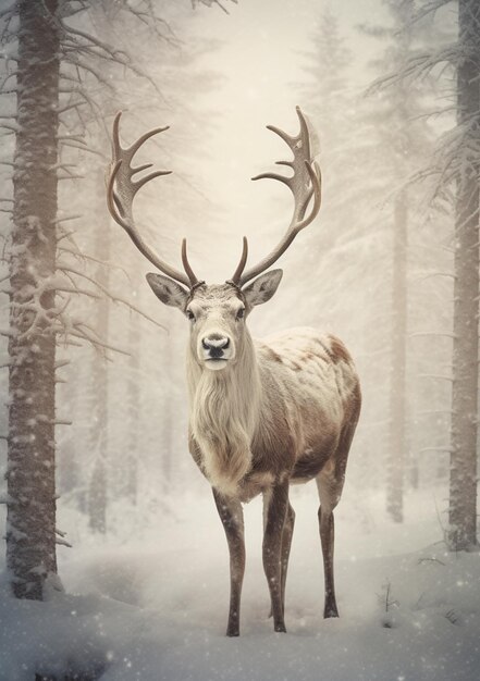 Il y a un cerf dans la neige dans les bois.