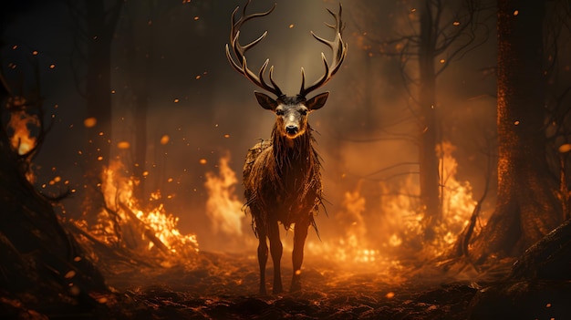 il y a un cerf debout au milieu d'une forêt avec du feu IA générative