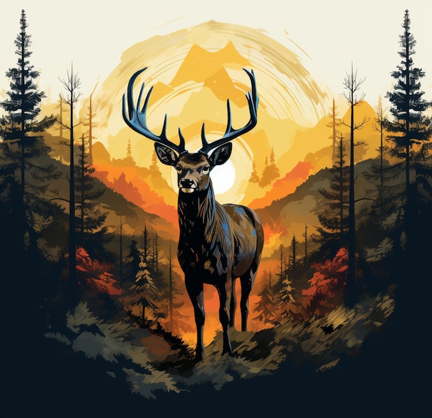 Il y a un cerf qui se tient dans les bois au coucher du soleil