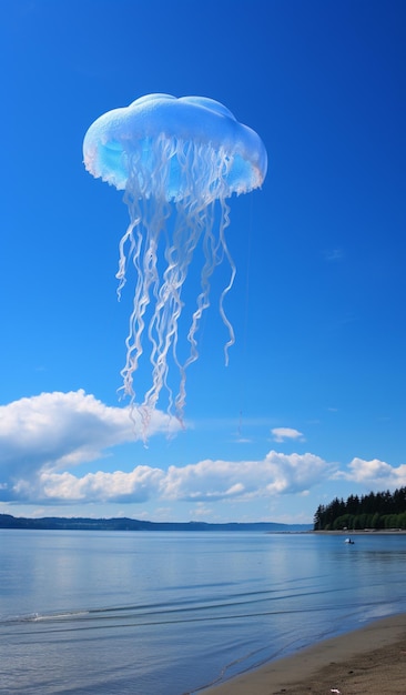 il y a un cerf-volant de méduses volant au-dessus de l'eau sur la plage ai générative