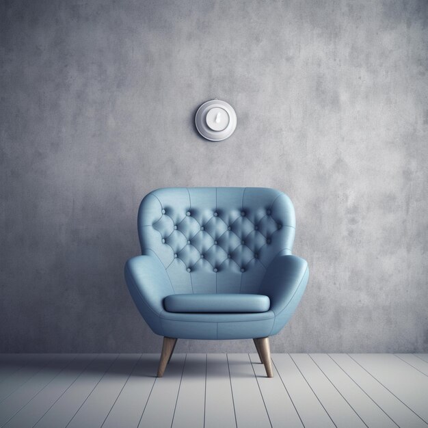 Il y a une chaise bleue dans une pièce avec une horloge sur le mur générative ai