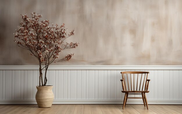 Photo il y a une chaise en bois et un vase avec une plante dedans.