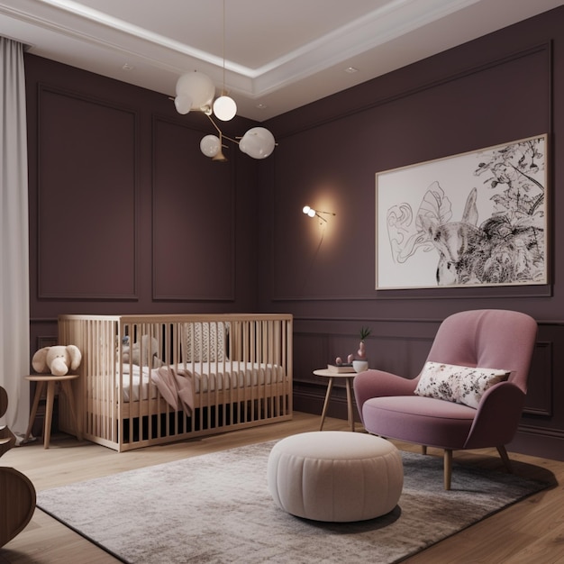 il y a une chambre de bébé avec un berceau et une chaise générative