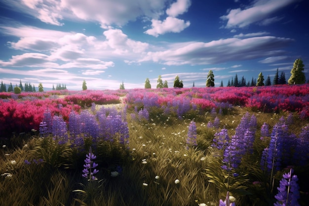 Il y a un champ de fleurs avec un fond de ciel génératif ai