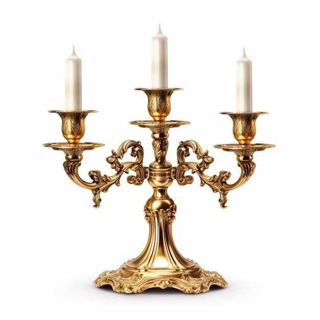 Il y a un chandelier en or avec trois bougies dessus.