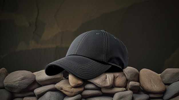 Il y a un chapeau noir assis sur un tas de pierres générative ai