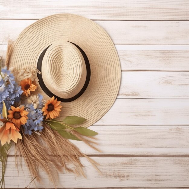 Il y a un chapeau de paille avec des fleurs et un bouquet de blé génératif ai