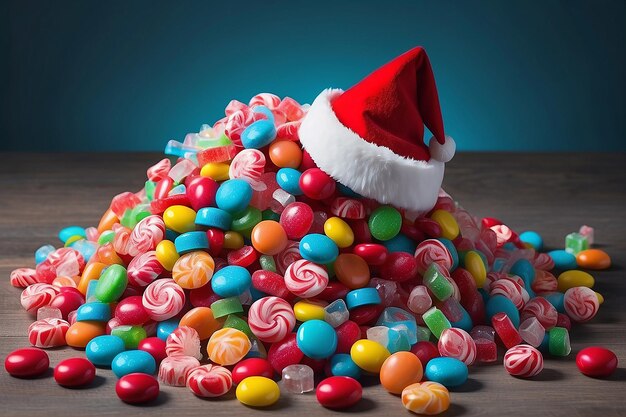 Il y a un chapeau de Père Noël sur une pile de bonbons.