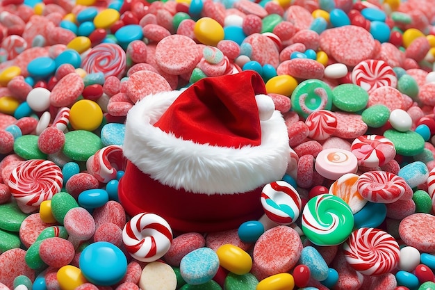 Il y a un chapeau de Père Noël sur une pile de bonbons.