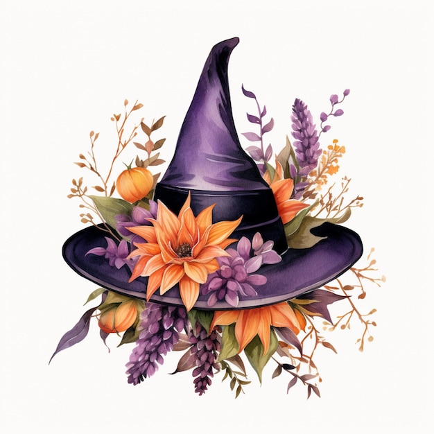Il y a un chapeau violet avec des fleurs et des feuilles dessus.