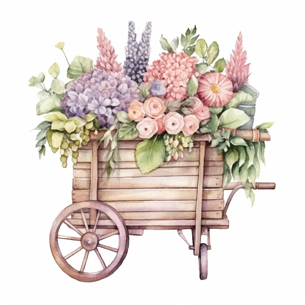 Il y a un chariot en bois avec des fleurs et des plantes en ai générative