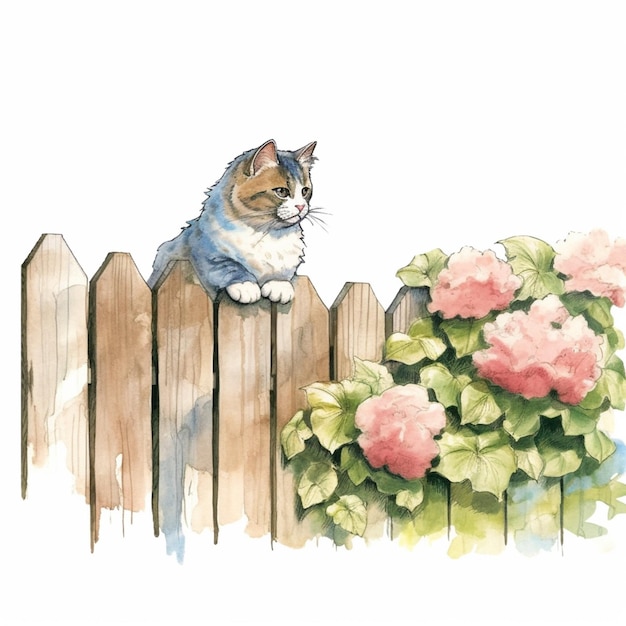 Il y a un chat assis sur une clôture qui regarde les fleurs.