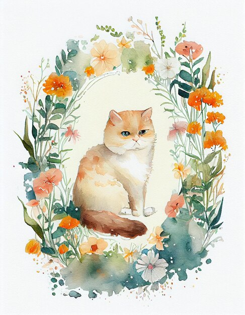 Il y a un chat assis dans un cadre floral avec des fleurs génératives ai