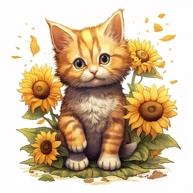 Il y a un chat assis dans l'herbe avec des tournesols.