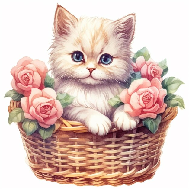 Il y a un chat assis dans un panier avec des roses dessus.